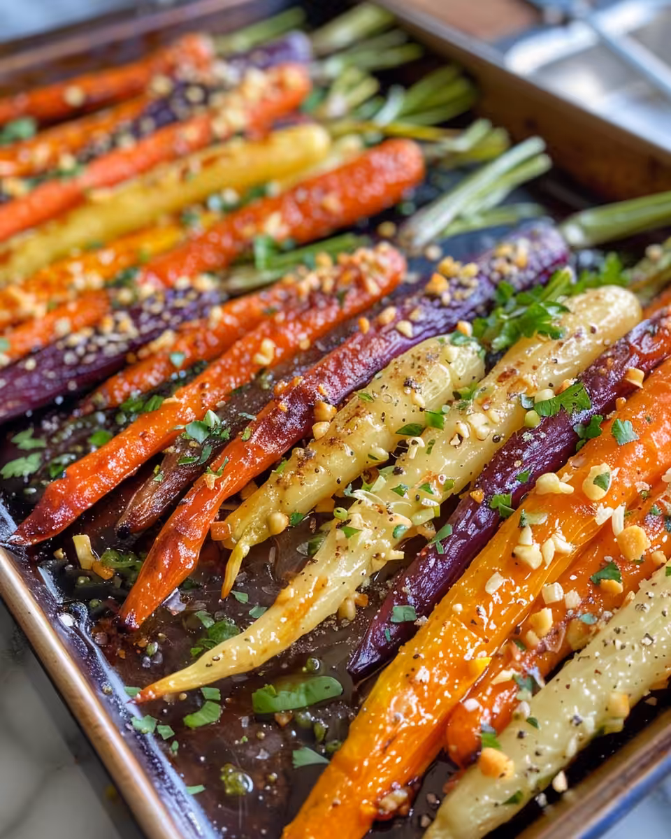 Finished honey garlic butter roasted carrots plated and garnished