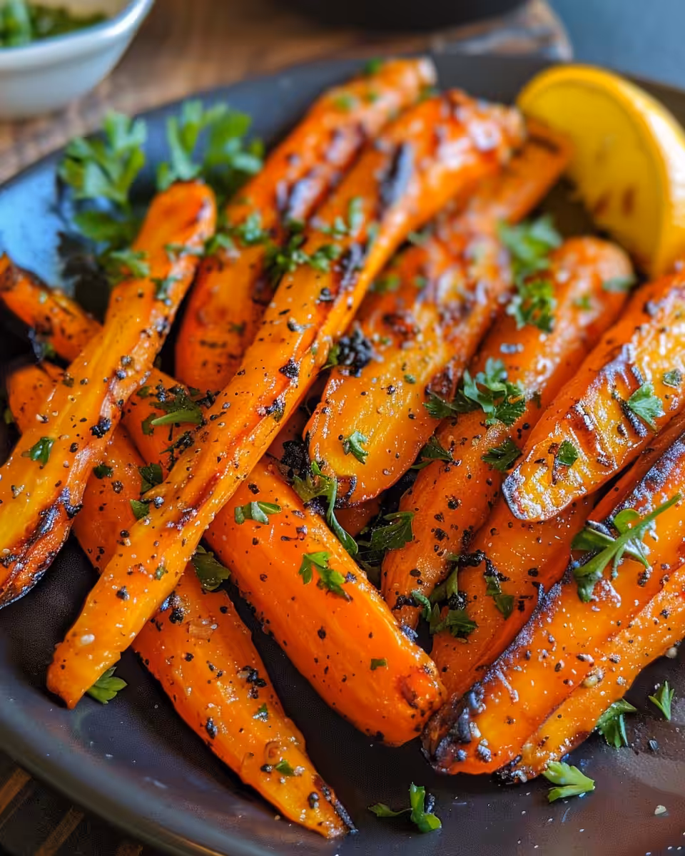 Honey garlic butter roasted carrots garnished with fresh parsley on serving plate