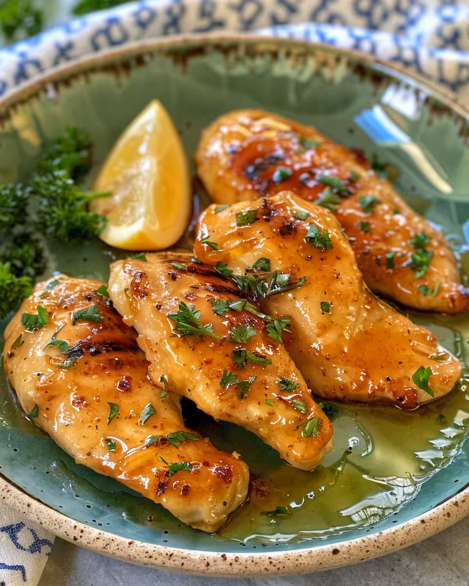 Freshly baked honey garlic chicken breasts golden and ready to serve on plate
