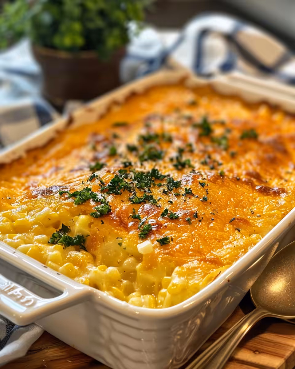 Close-up of final honey glazed corn casserole with golden crispy topping