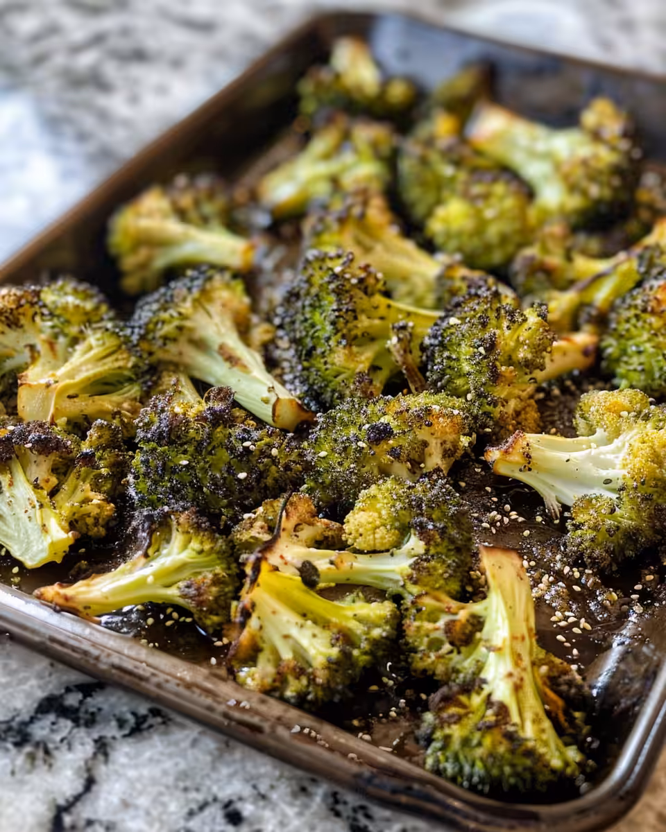 Close up of honey mustard roasted broccoli ready to serve with a sweet glaze