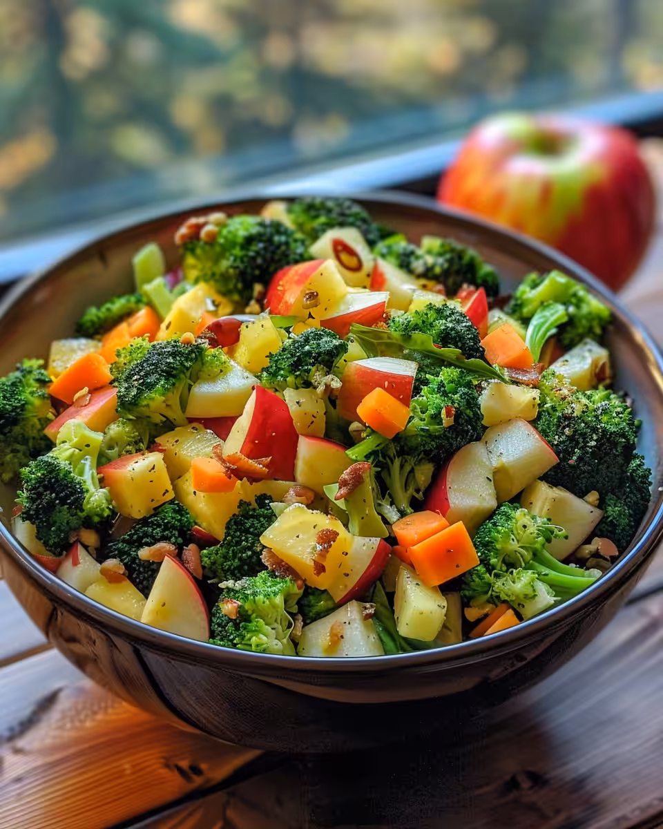 Served honeycrisp apple broccoli salad chilled and tossed with dressing