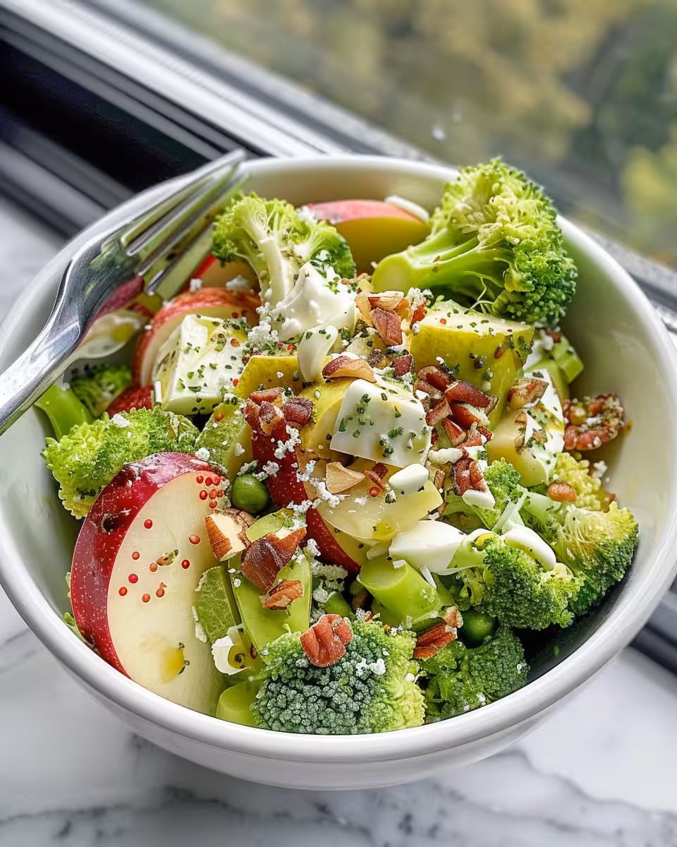 Close-up of honeycrisp apple broccoli salad showing creamy dressing and crunchy pecans