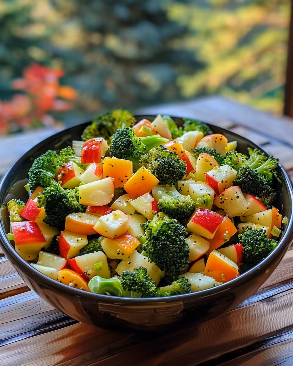 Honeycrisp apple and broccoli salad in a bowl showing fresh colorful ingredients and crunchy texture