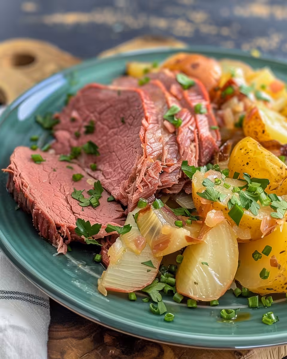 Ingredients for Instant Pot corned beef and cabbage layered in the pot