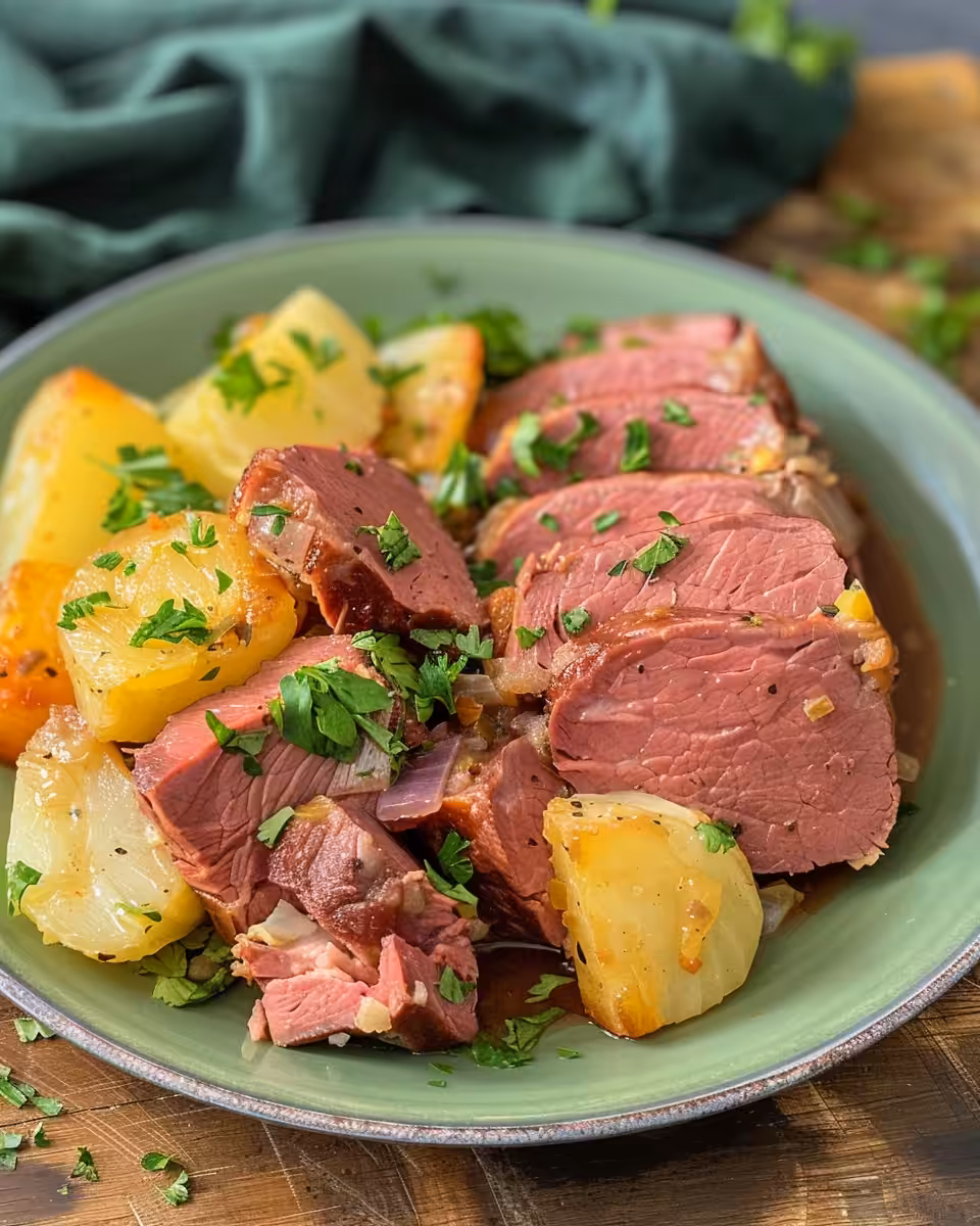 Final plated Instant Pot corned beef and cabbage meal ready to serve