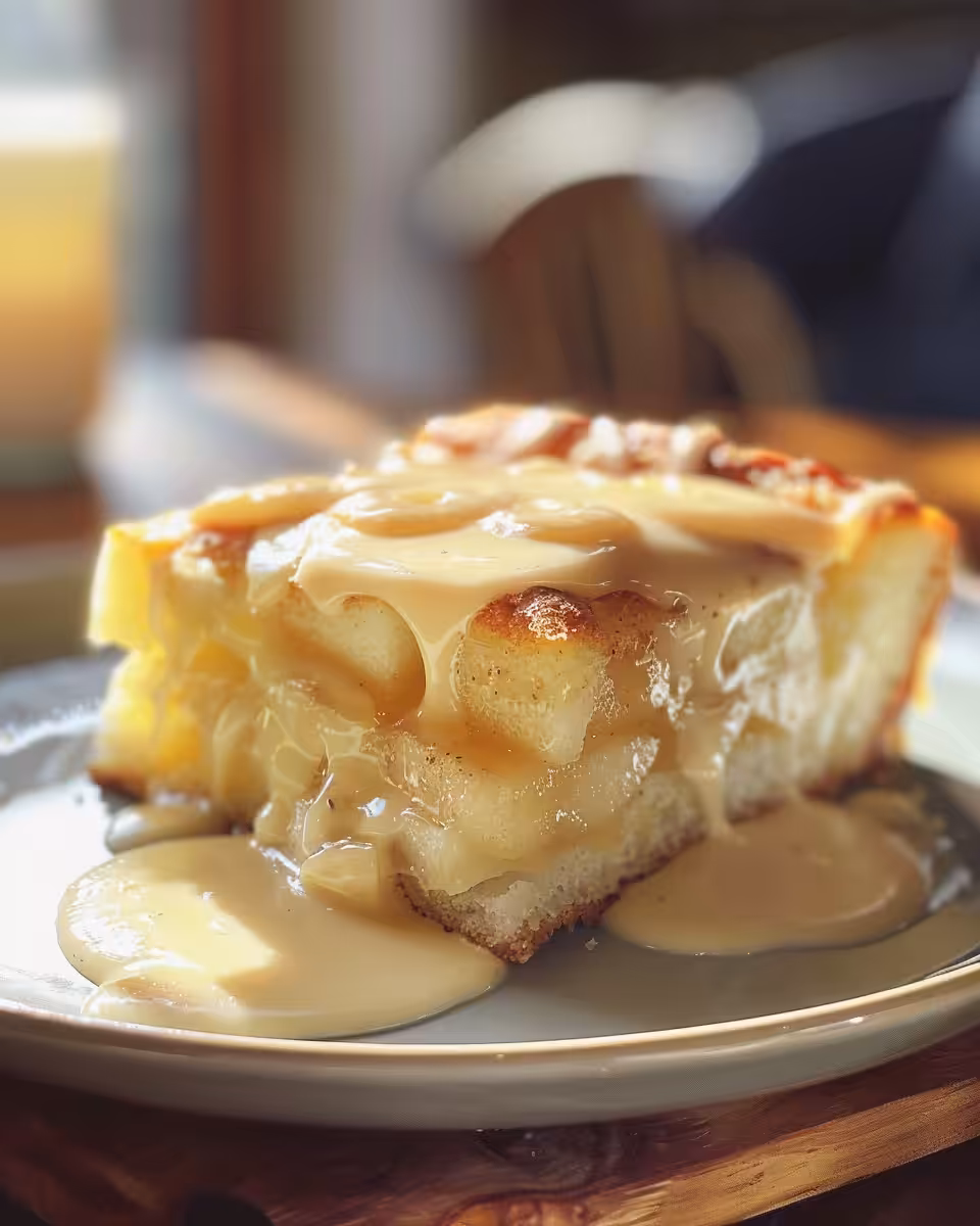 Final Irish apple cake slice with custard sauce on plate