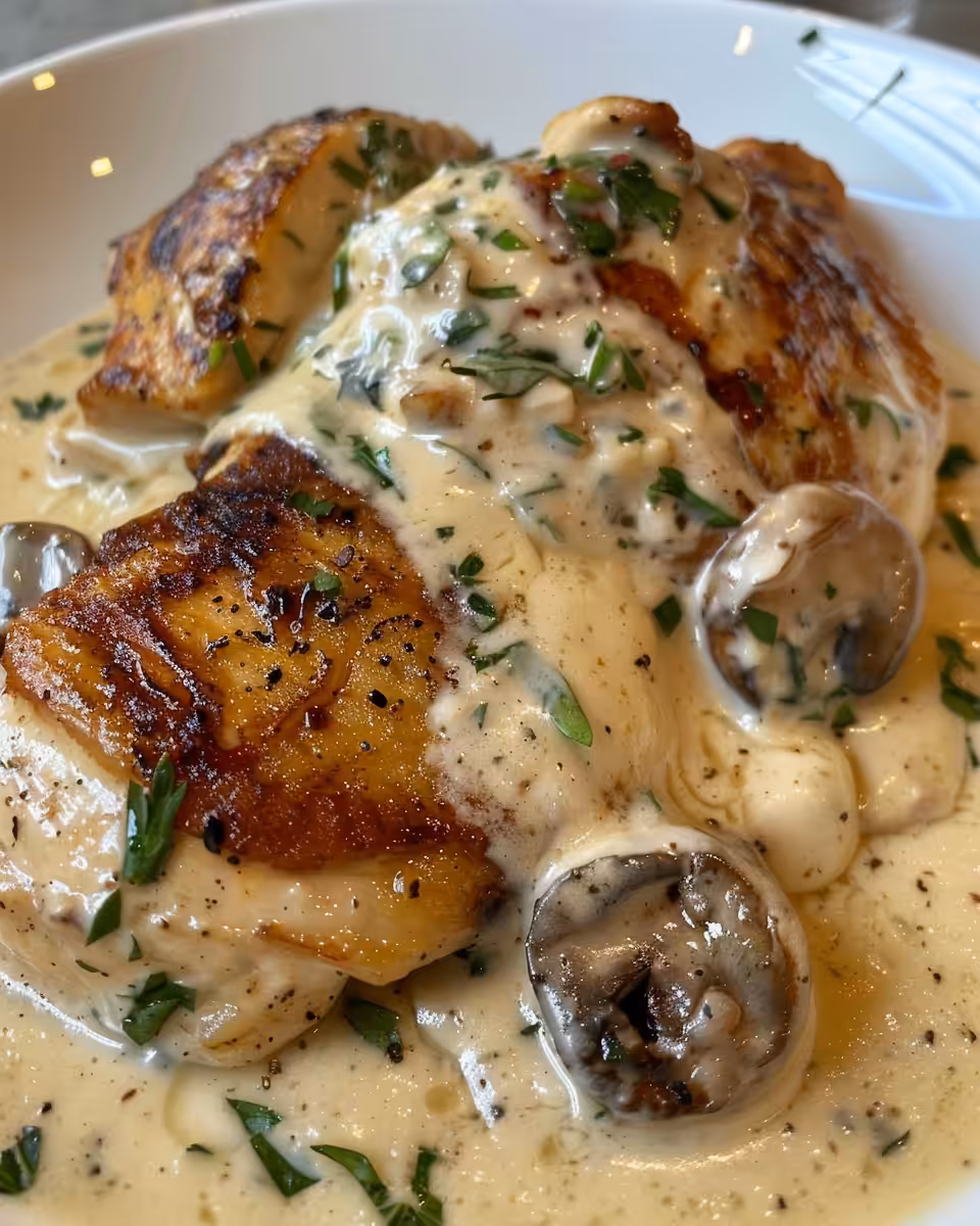 Dish of Irish chicken in whiskey cream sauce in skillet