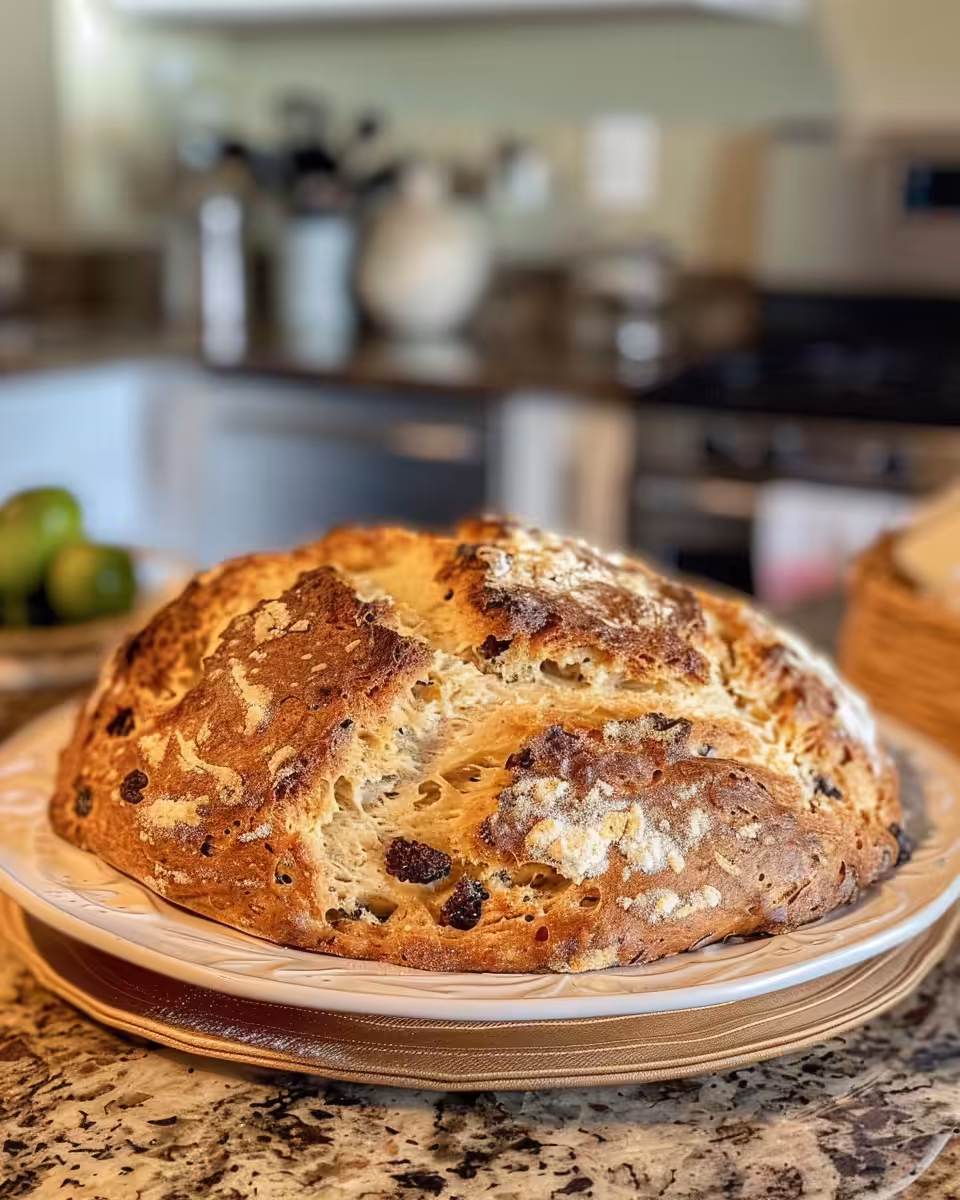 Golden loaf of Irish soda bread baking under pressure cooker lid