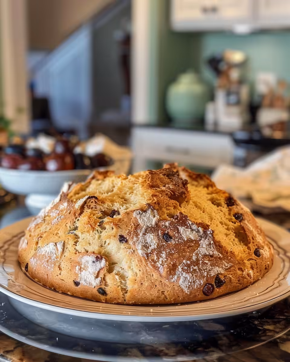 Mixing dough ingredients for Irish soda bread in large bowl