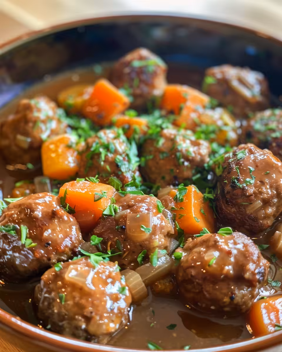 Ingredients for Irish stew meatballs including fresh veggies and seasonings