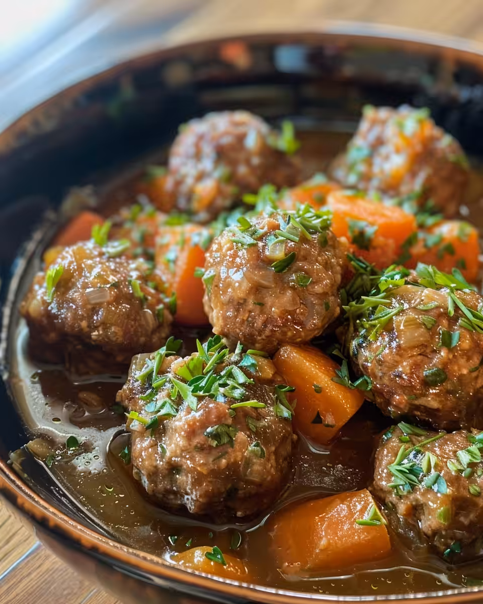 Finished Irish stew meatballs served in bowl garnished with fresh parsley