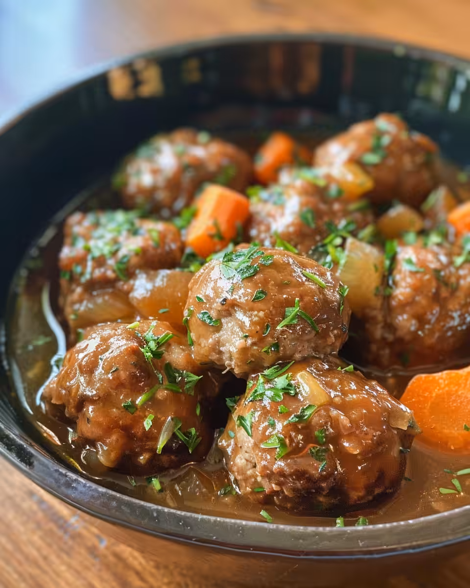 Irish stew meatballs simmering in pot with rich broth steam