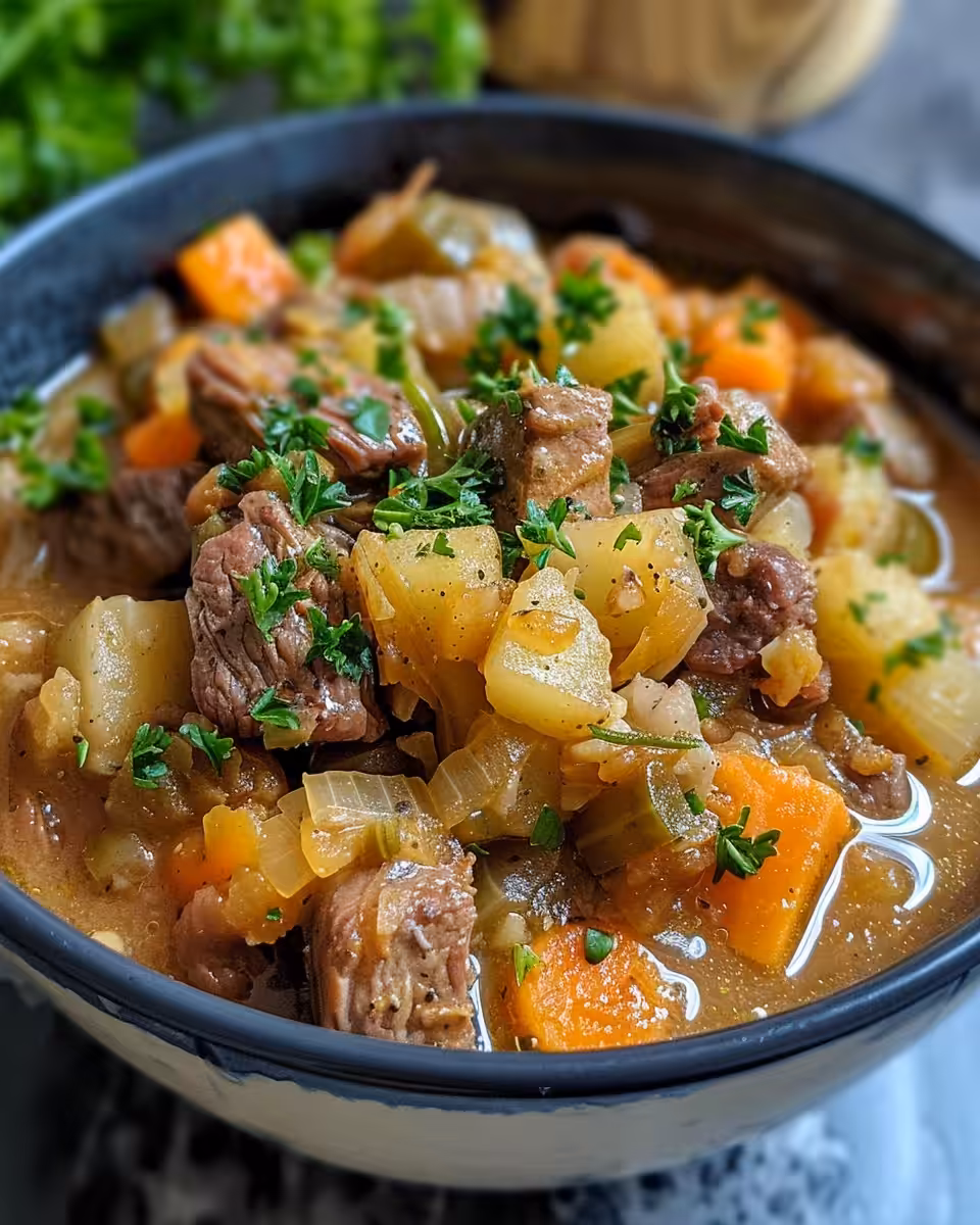 Fresh ingredients for corned beef and cabbage stew laid out on kitchen counter