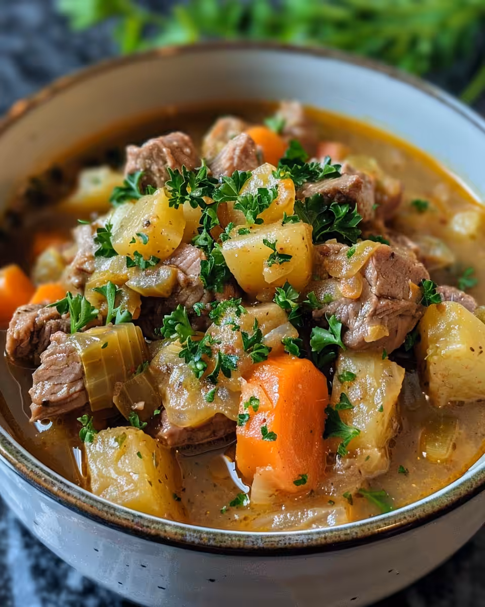 Serving of finished corned beef and cabbage stew with fresh parsley garnish