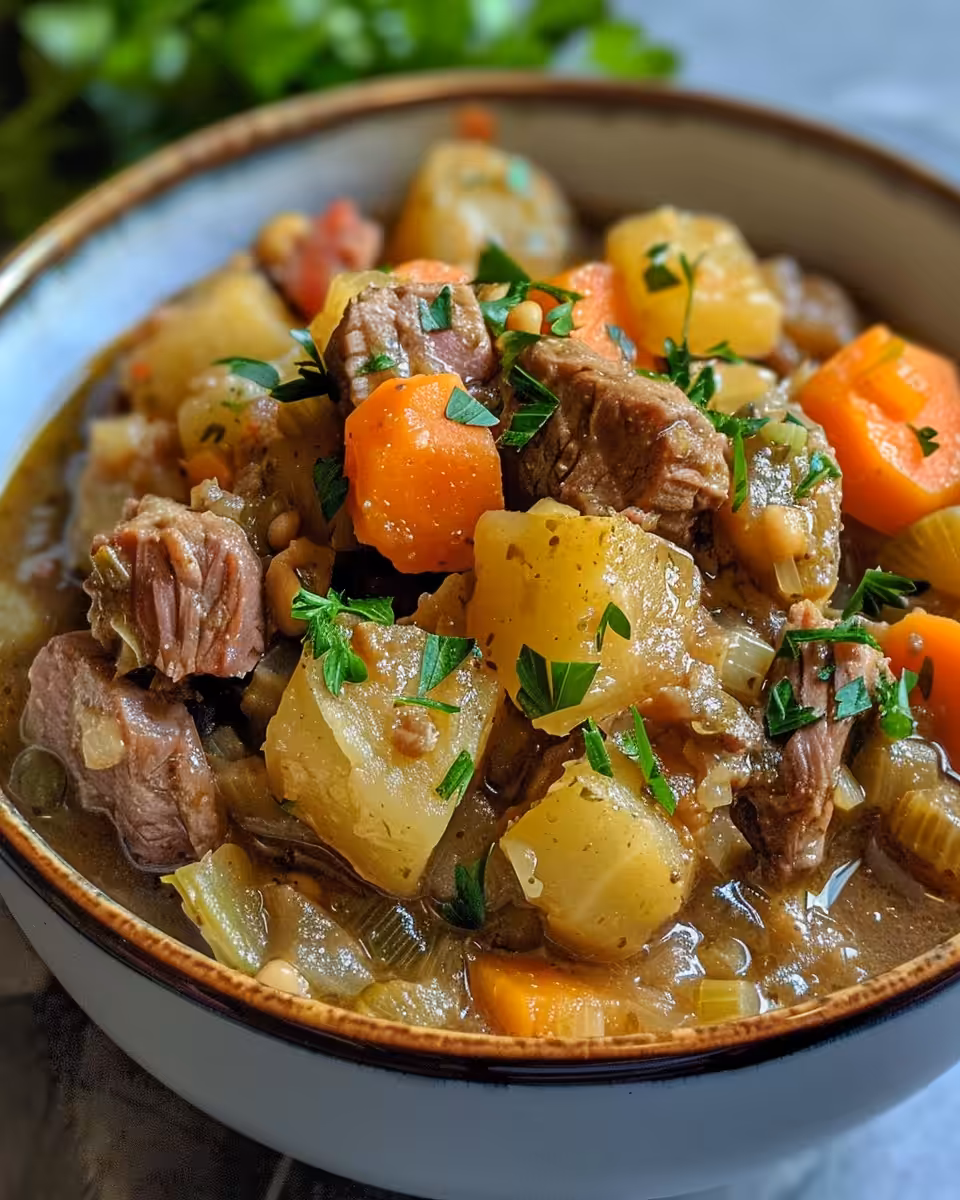 Pressure cooker with corned beef and cabbage stew cooking inside, steam hiss visible