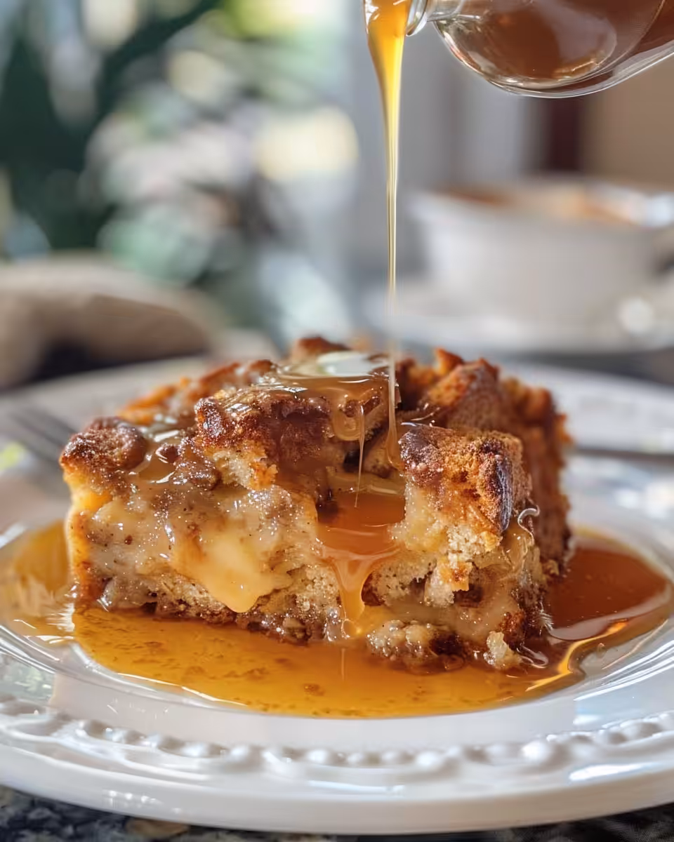 Serving suggestion of caramel whiskey sauce with bread pudding dessert
