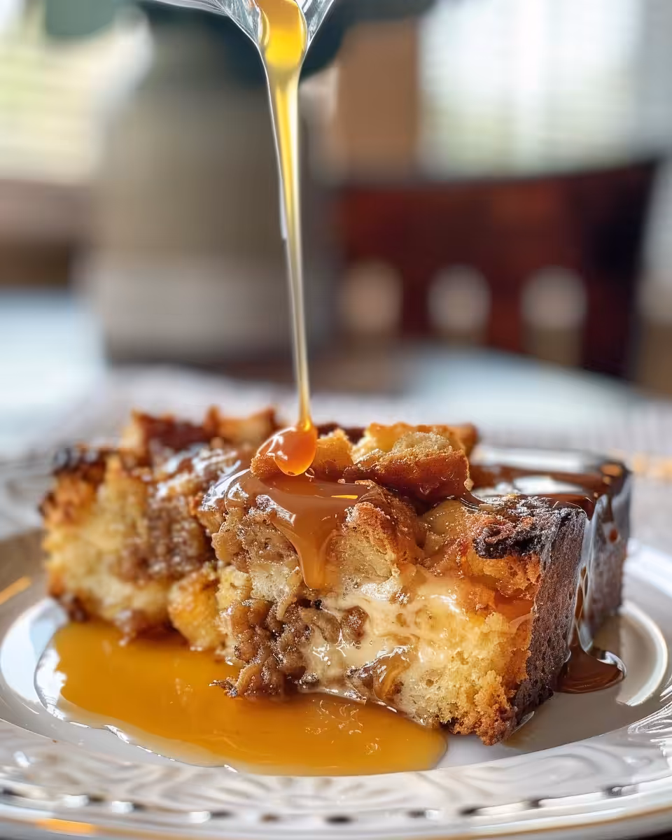 Caramel whiskey sauce drizzled on bread pudding with steam
