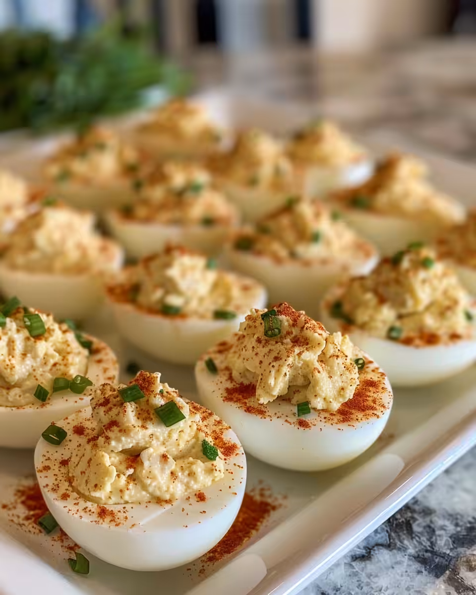 Finished crab deviled eggs garnished with scallions and ready to serve