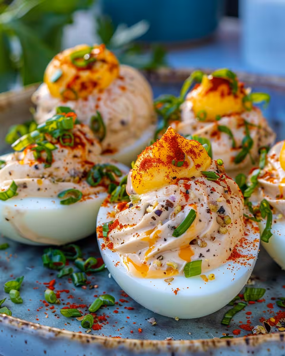 Ingredients spread for making deviled eggs including eggs, bacon, jalapenos, and spices