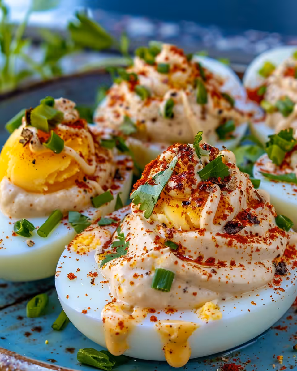Finished deviled eggs with bacon and fresh chives ready to eat