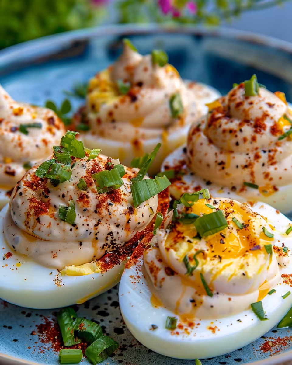 Golden deviled eggs topped with crispy bacon and pickled jalapenos