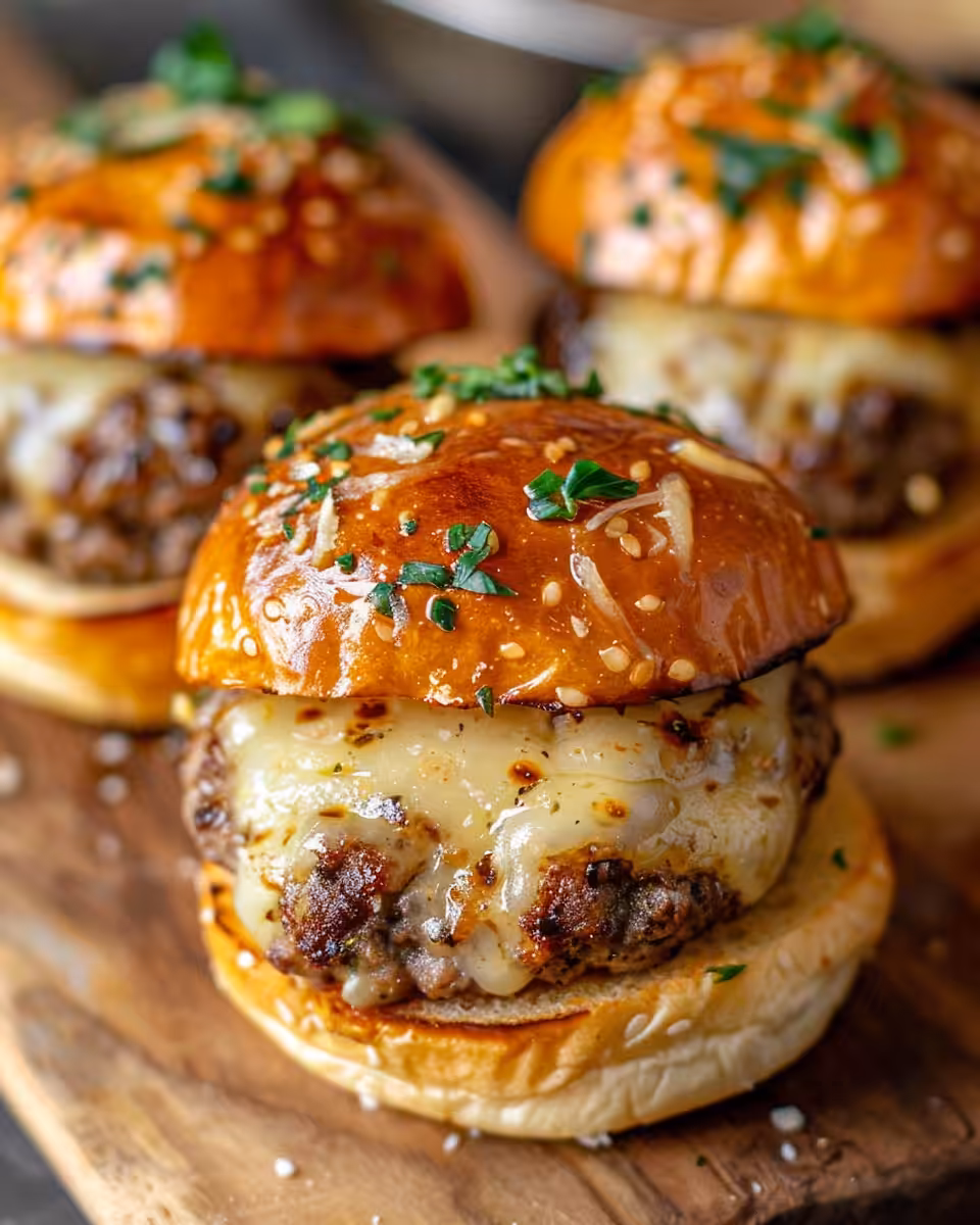 Golden baked garlicky parmesan cheeseburger bombs ready to serve