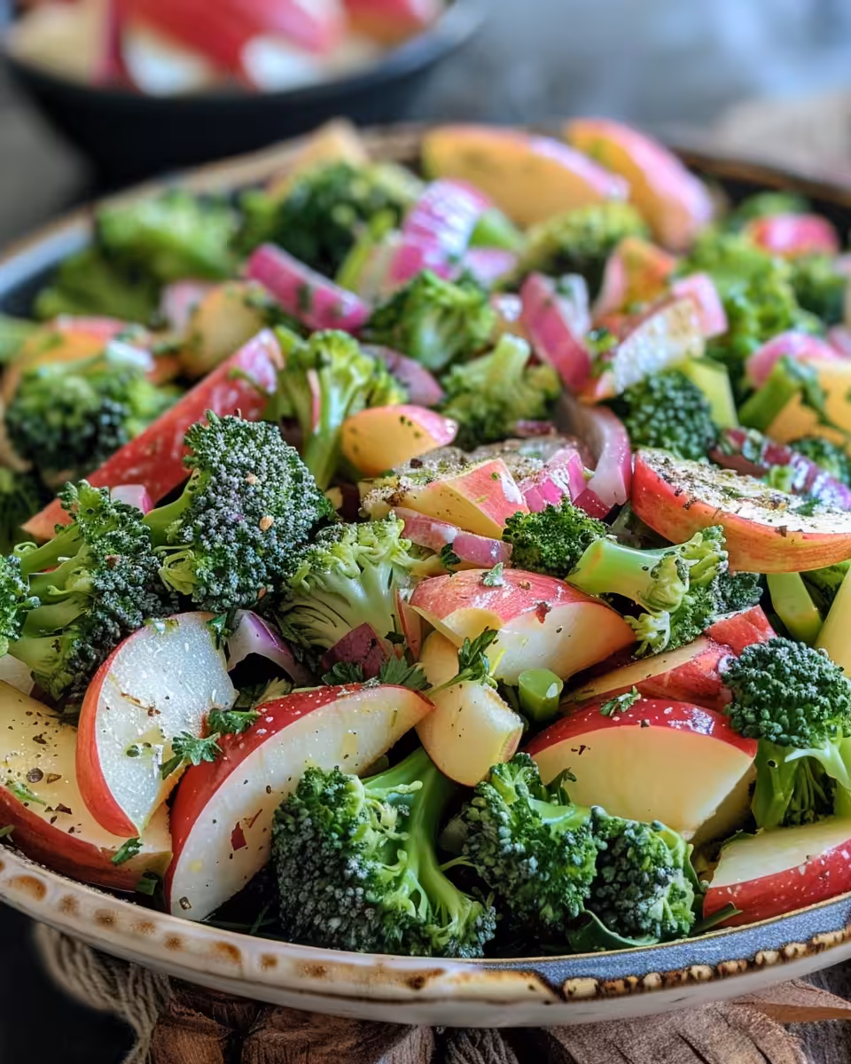 Close-up of served Honeycrisp Apple Broccoli Salad showing texture and colors