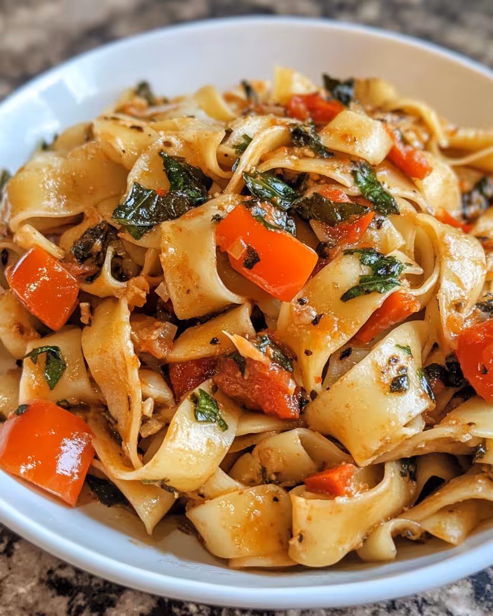 Ingredients for Italian drunken noodles including garlic, mushrooms, cherry tomatoes and fresh basil