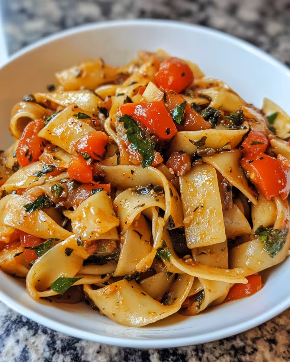 Serving of Italian drunken noodles with fresh basil and Parmesan