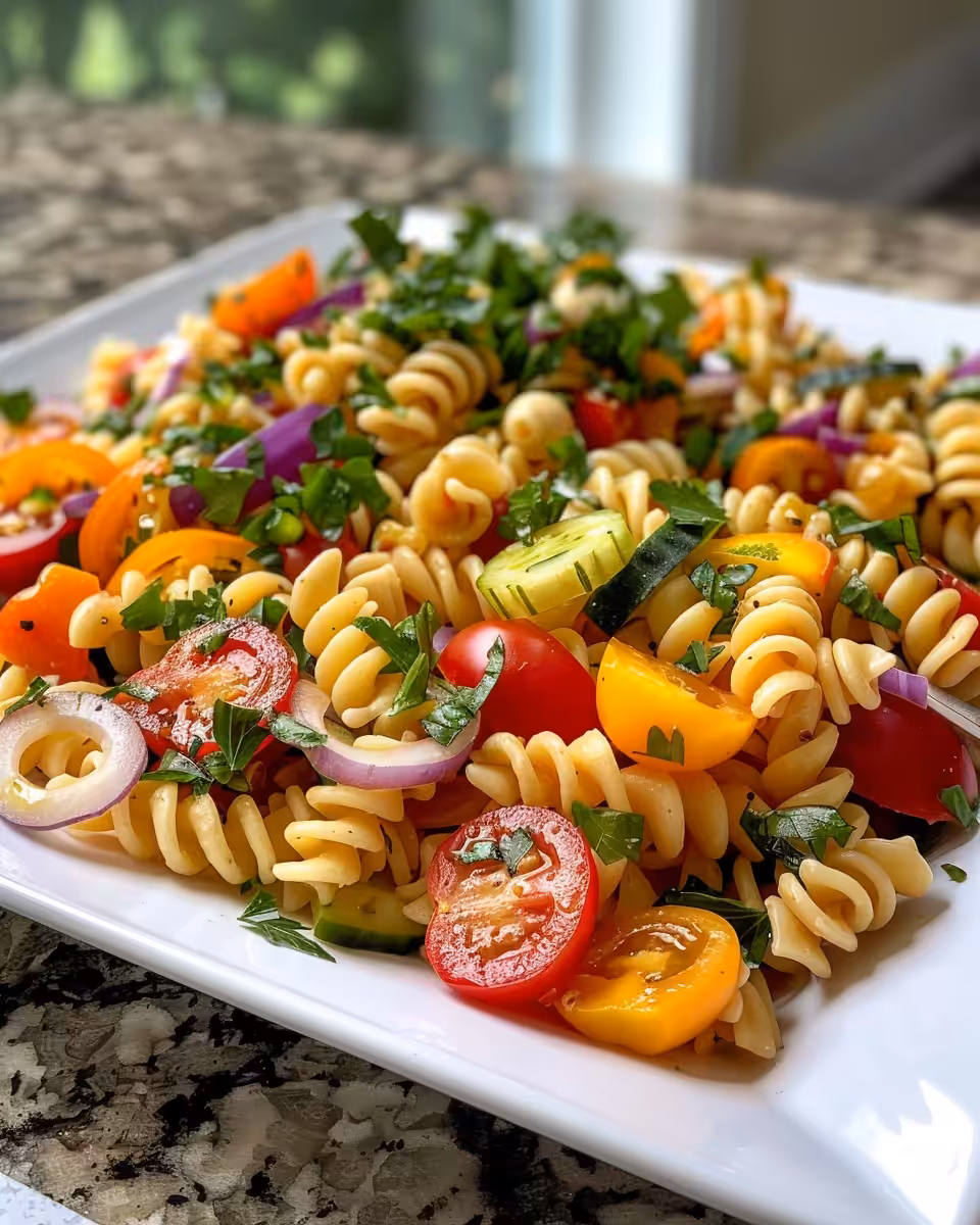Ingredients laid out for Italian pasta salad including tomatoes and olives
