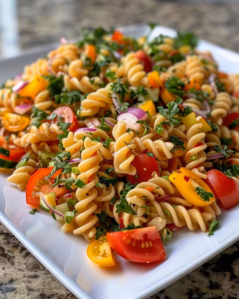Final plated Italian pasta salad with vibrant colors and fresh ingredients