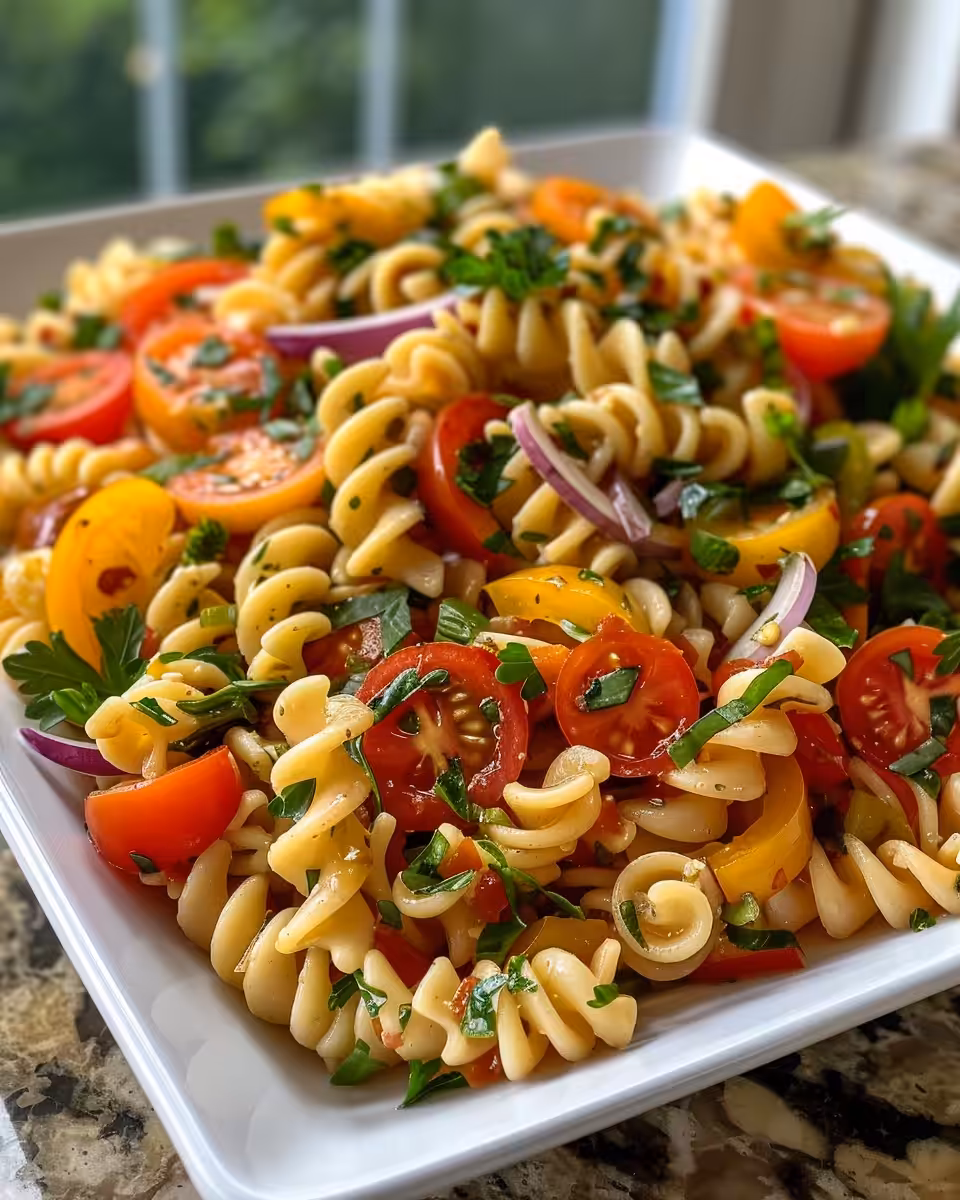 Italian pasta salad steaming with garlic and herbs aroma