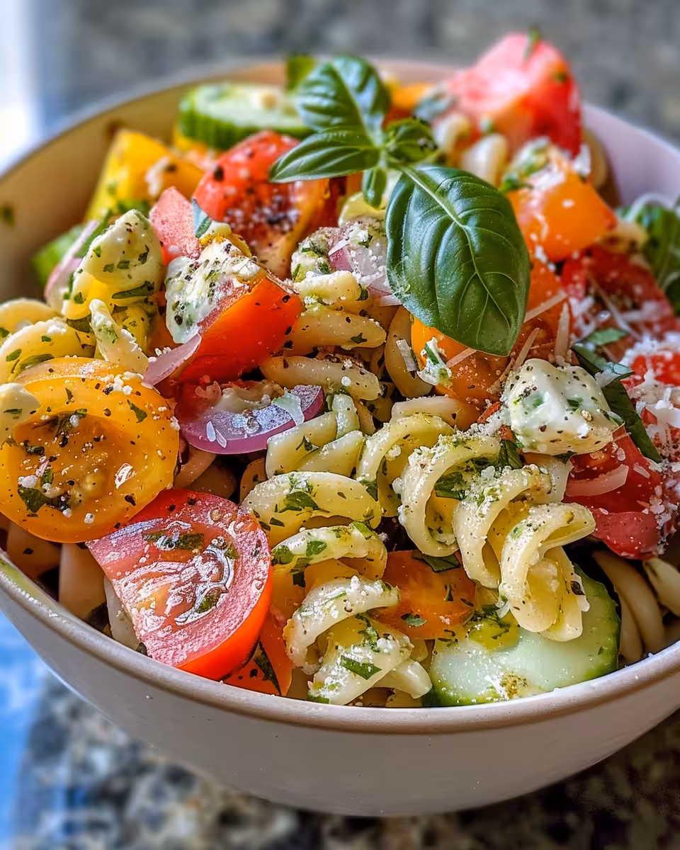 Ingredients prepared for Italian pasta salad including fresh vegetables and olives