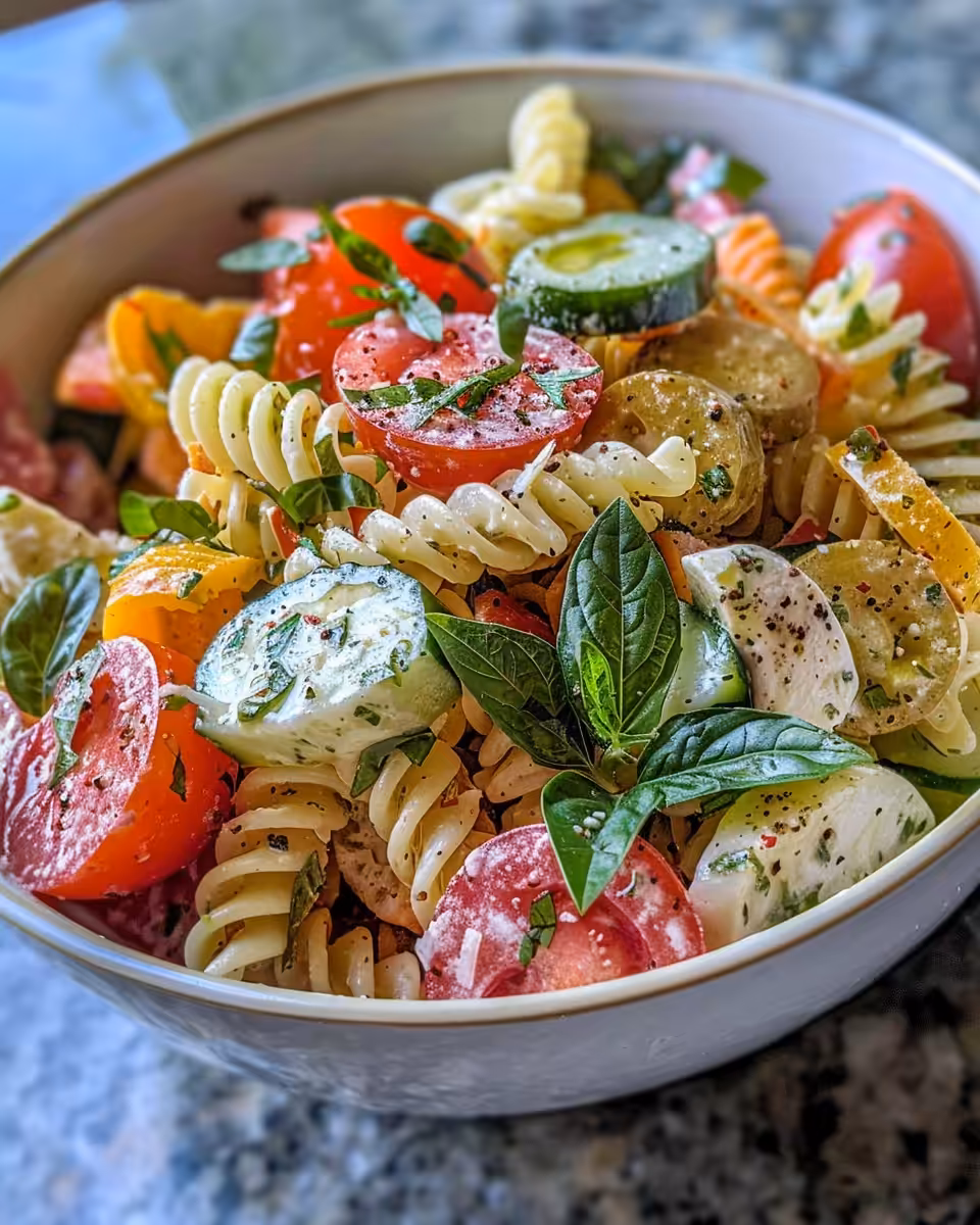 Final plated Italian pasta salad served fresh