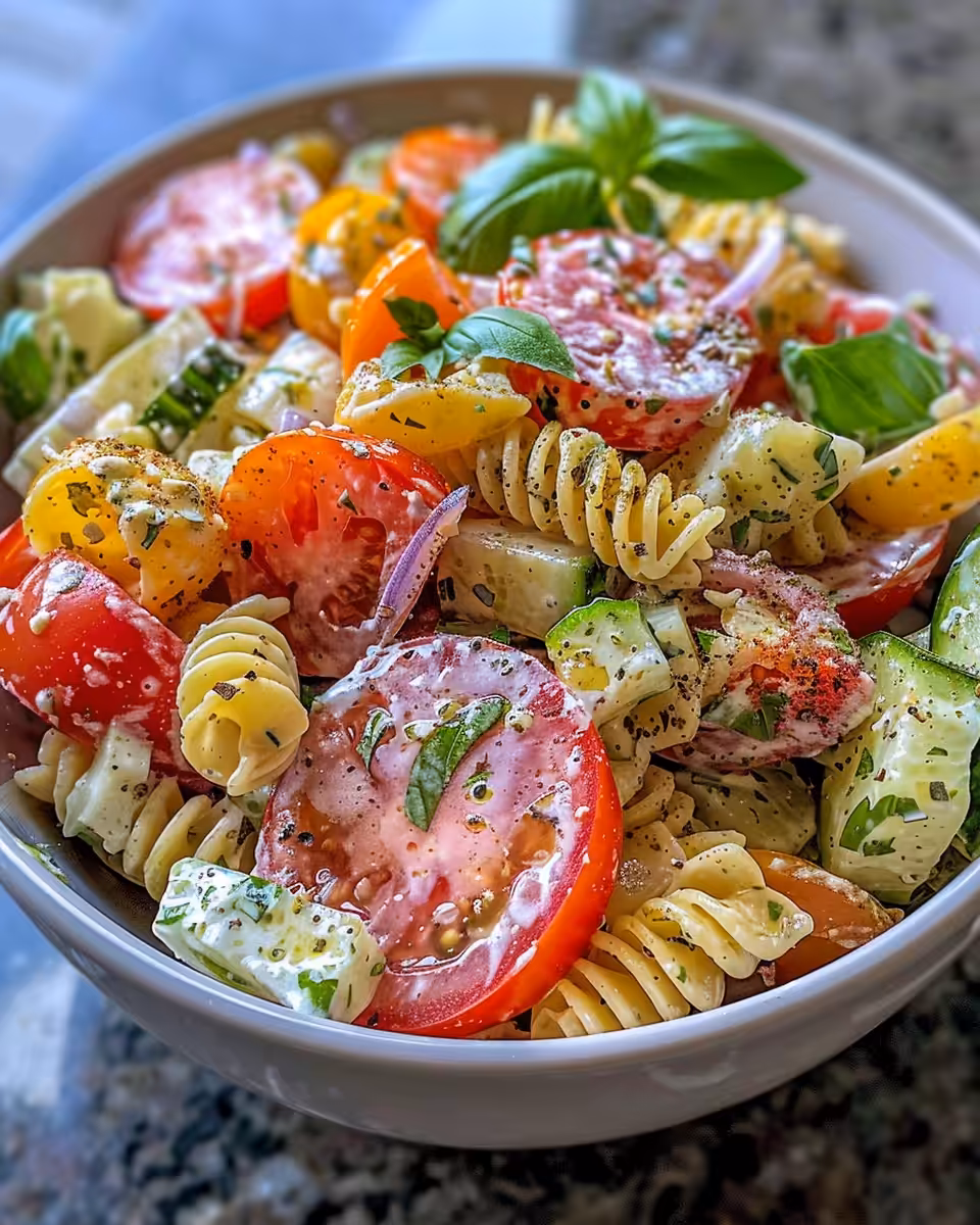 Italian pasta salad vibrant and ready to serve