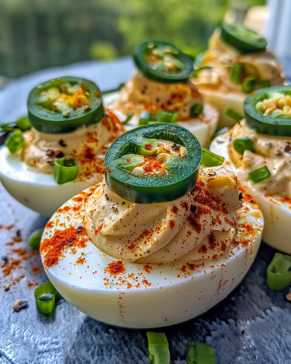Close-up of a creamy jalapeño popper deviled egg ready to eat