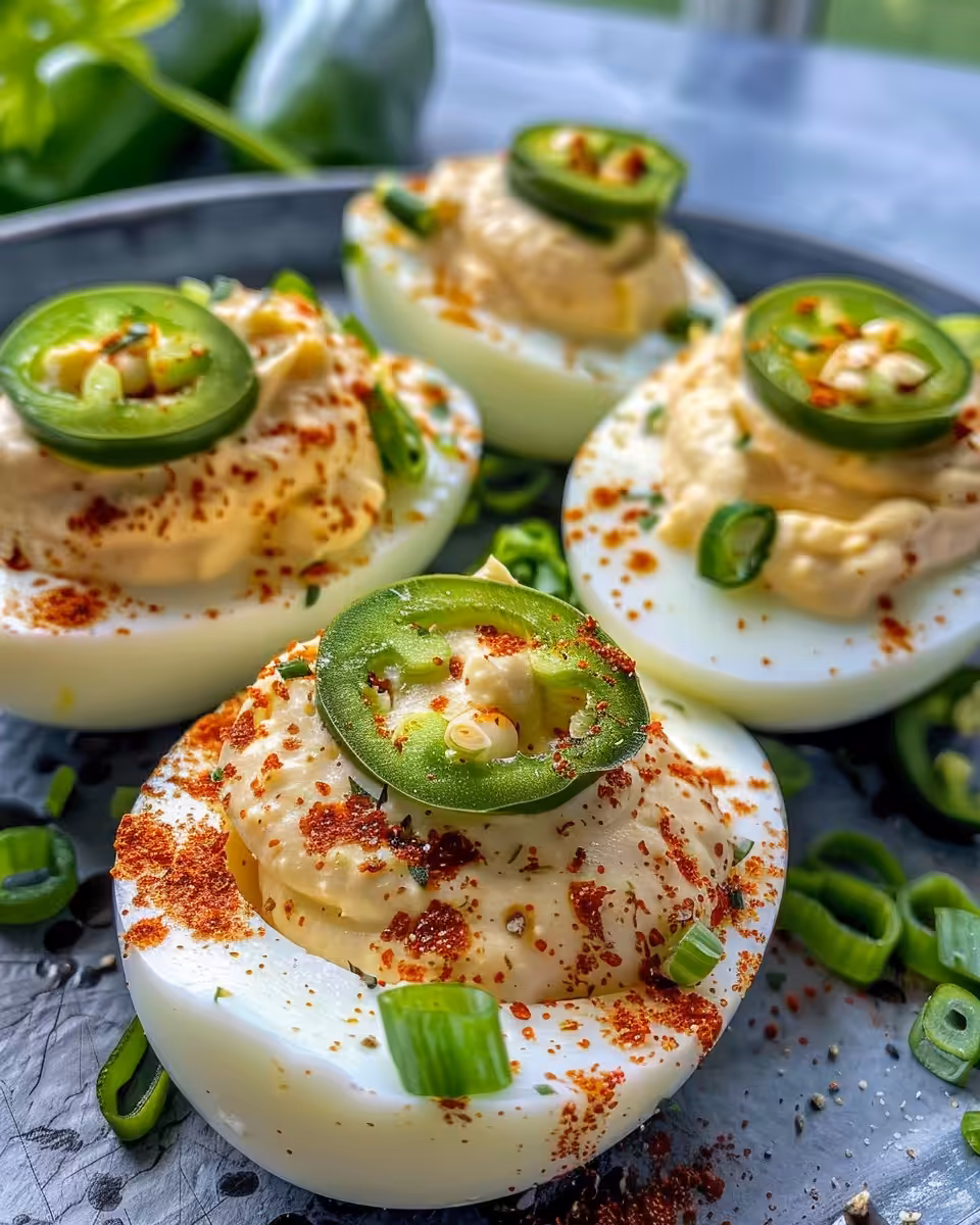 Jalapeño popper deviled eggs in a festive presentation