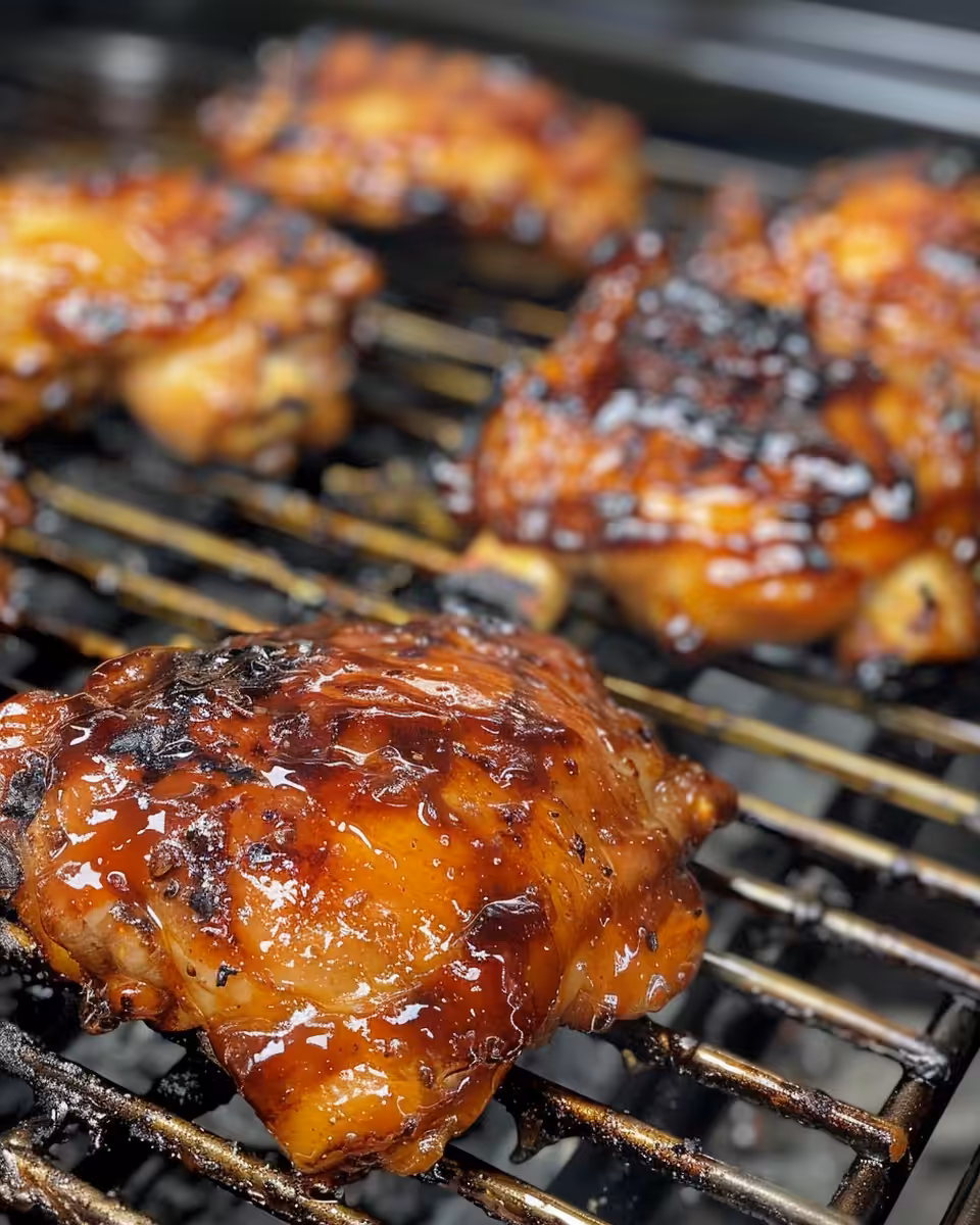 Juicy Japanese BBQ chicken thighs cooking in pressure cooker with steam building