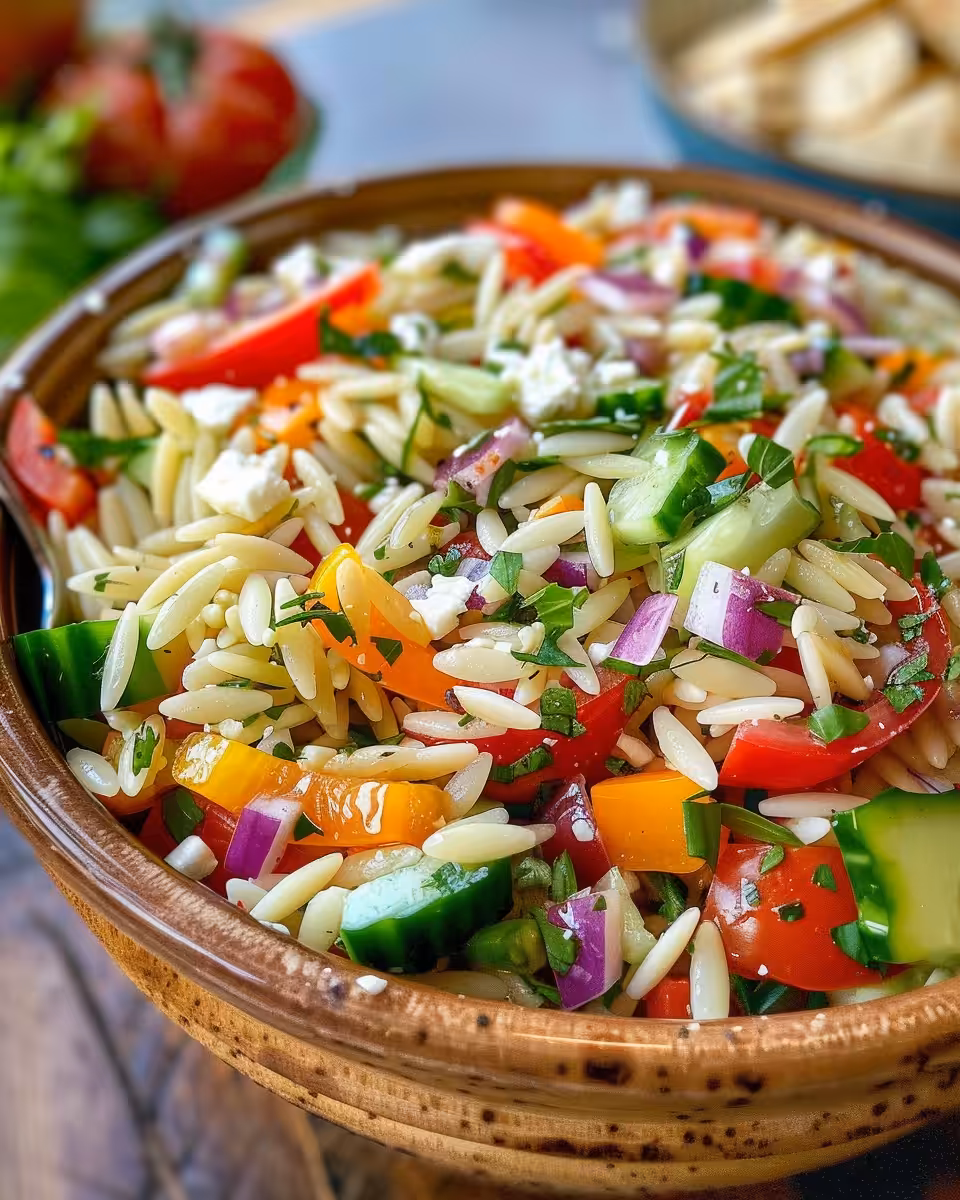 Ingredients for Mediterranean orzo pasta salad laid out on table