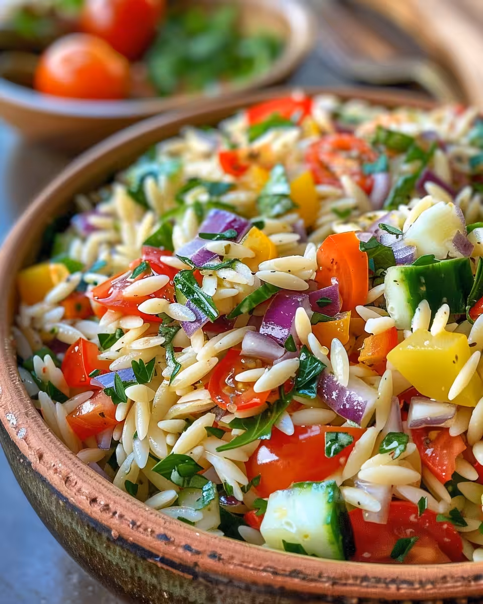 Plated Mediterranean orzo salad with fresh herbs and veggies