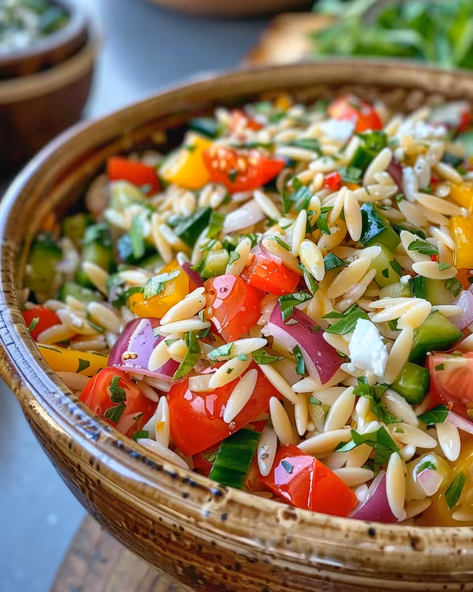 Closeup of freshly made Mediterranean orzo pasta salad in bowl