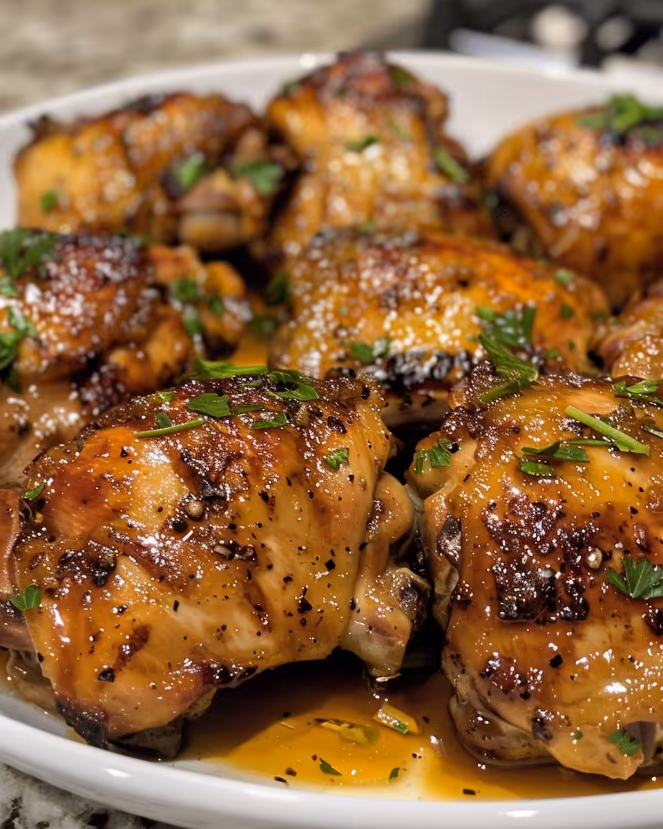 Served slow cooker chicken thighs garnished with fresh parsley