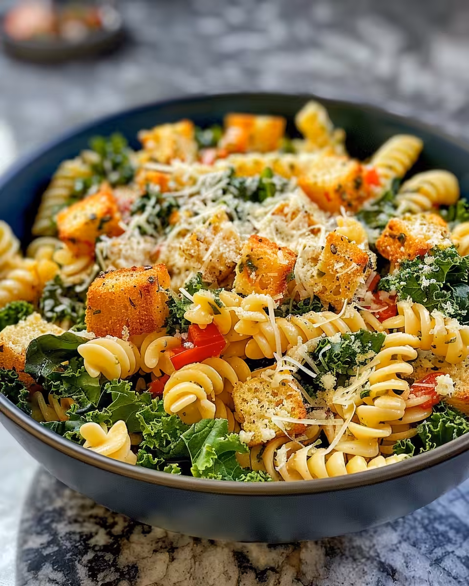 Fresh ingredients for Kale Caesar Pasta Salad including kale, chickpeas, and lemon juice