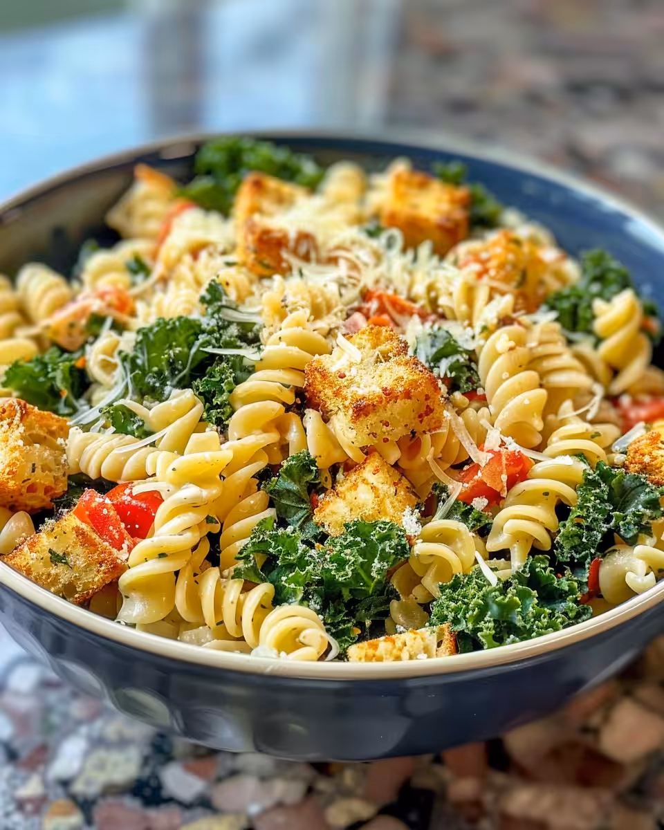 Freshly tossed and served Kale Caesar Pasta Salad