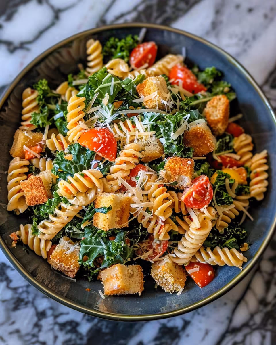 Fresh kale Caesar pasta salad in bowl with creamy dressing