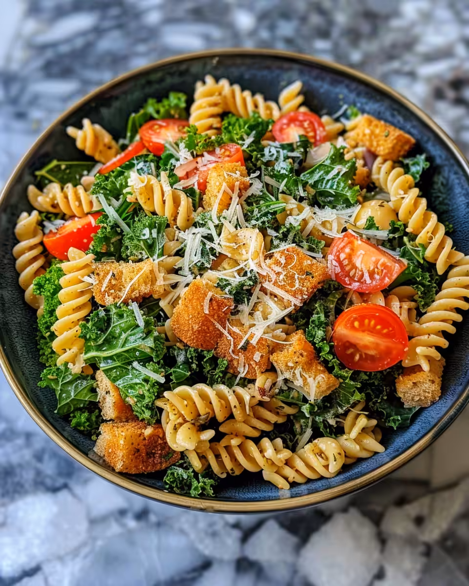 Ingredients for kale Caesar pasta salad including kale, pasta, and chickpeas