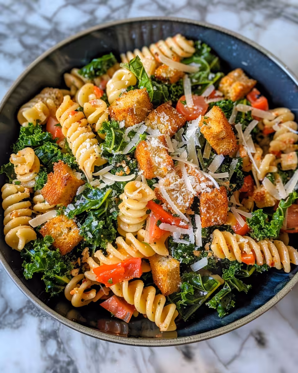 Finished kale Caesar pasta salad garnished with Parmesan and lemon