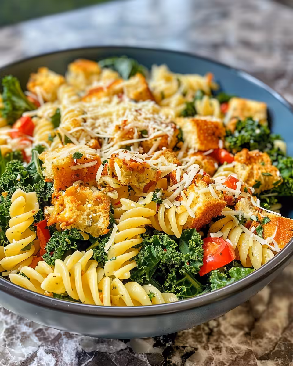 Fresh Kale Caesar Pasta Salad in a bowl with cherry tomatoes and croutons