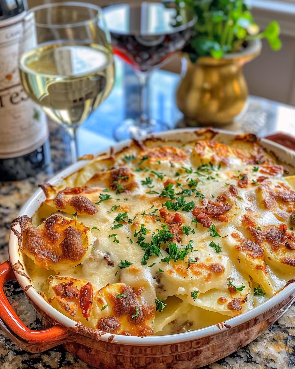 Mix of ingredients including kielbasa, potatoes, cheese soup and caramelized onions in a bowl
